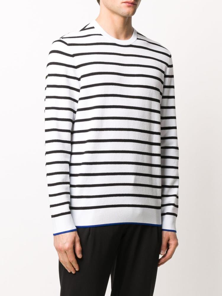 White / Blue Men's Armani Emporio Striped Long Sleeve Jumpers | VNCVOPO