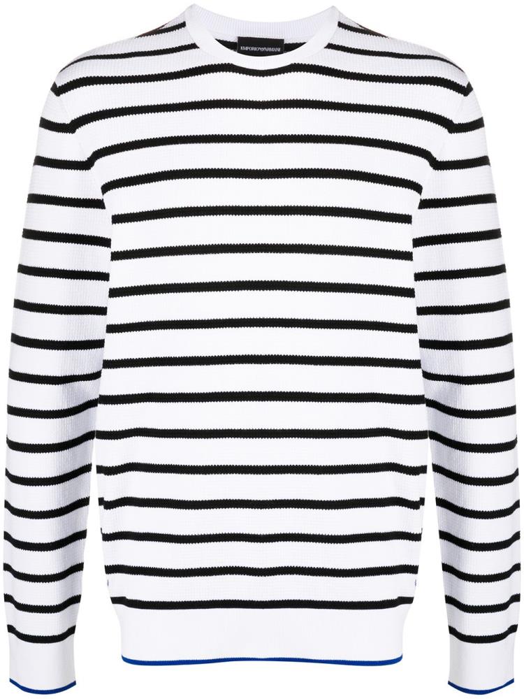 White / Blue Men\'s Armani Emporio Striped Long Sleeve Jumpers | VNCVOPO