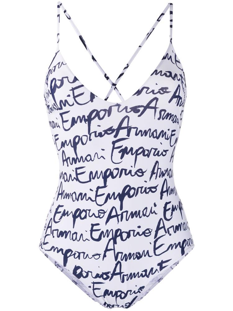 White / Blue Women\'s Armani Emporio Logo Print Crisscross Back Swimsuits | TD1Q3BY