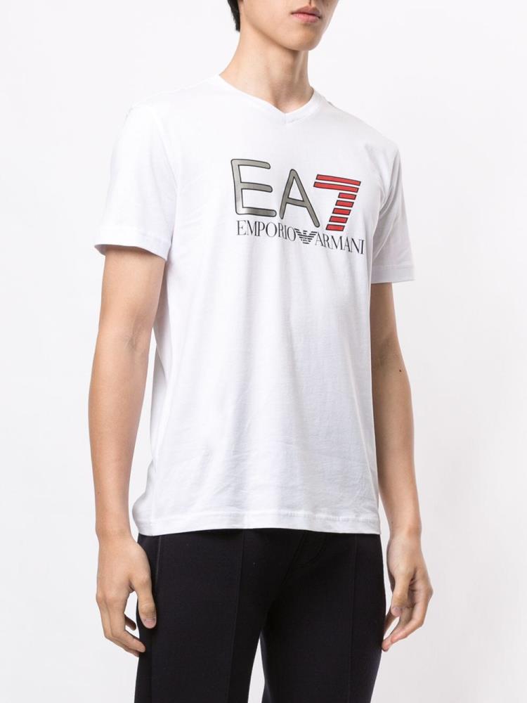 White Men's Ea7 Emporio Armani Metallic Ea7 Logo V Neck T Shirts | B12VB0N