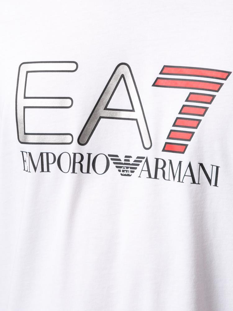 White Men's Ea7 Emporio Armani Metallic Ea7 Logo V Neck T Shirts | B12VB0N