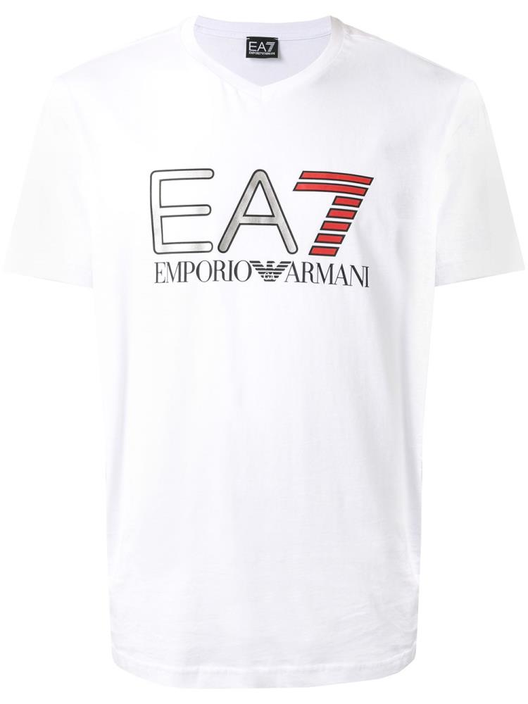 White Men\'s Ea7 Emporio Armani Metallic Ea7 Logo V Neck T Shirts | B12VB0N