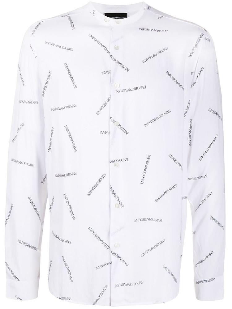 White Men\'s Armani Emporio All Over Mandarin Collar Shirts | VVBO8HW