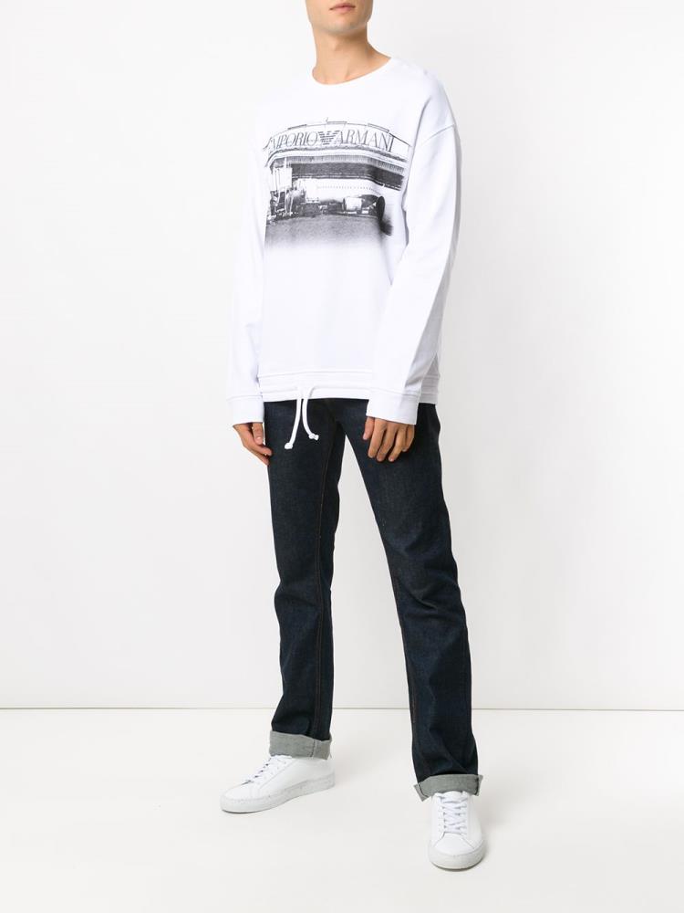 White Men's Armani Emporio Logo Print Jumpers | V5FVPG7