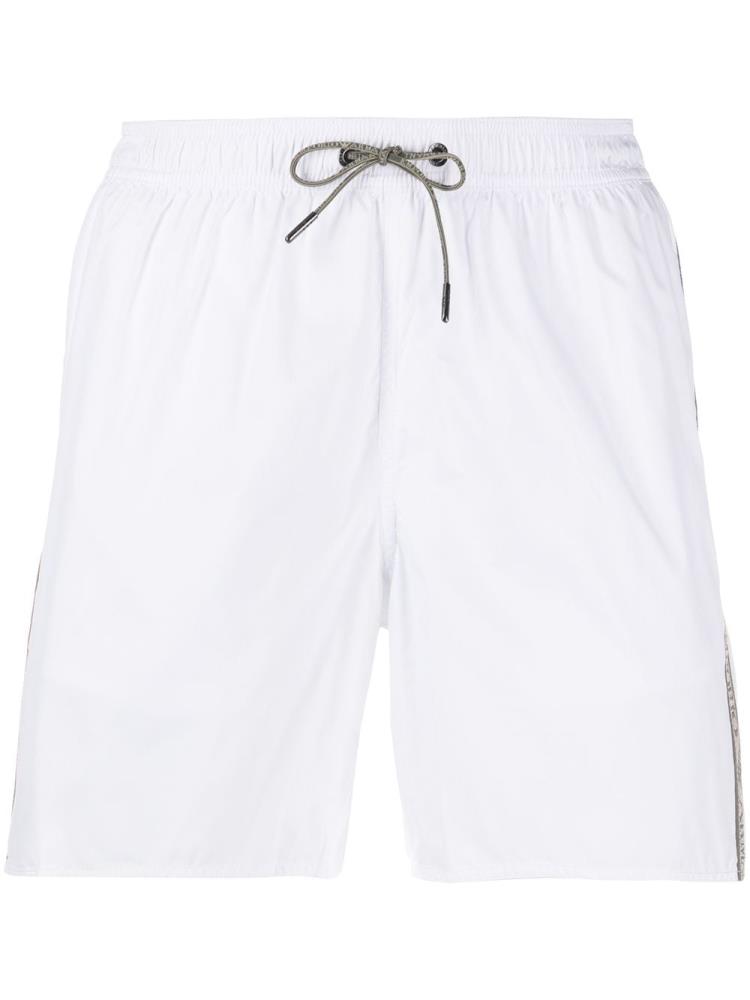 White Men\'s Armani Emporio Logo Stripe Swim Shorts | MGNXG03