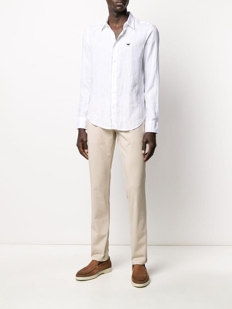 White Men's Armani Emporio Long Sleeve Linen Shirts | R0VGKZO