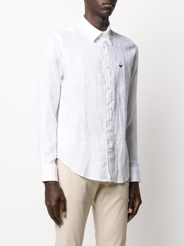 White Men's Armani Emporio Long Sleeve Linen Shirts | R0VGKZO