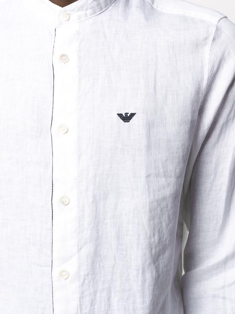 White Men's Armani Emporio Long Sleeve Linen Shirts | R0VGKZO