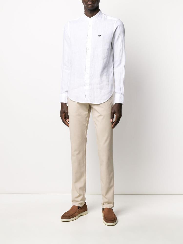 White Men's Armani Emporio Long Sleeve Linen Shirts | R0VGKZO