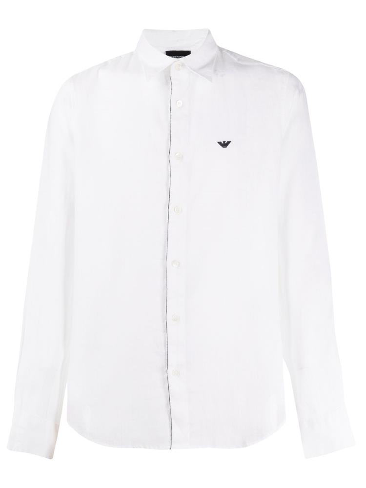 White Men\'s Armani Emporio Long Sleeve Linen Shirts | R0VGKZO