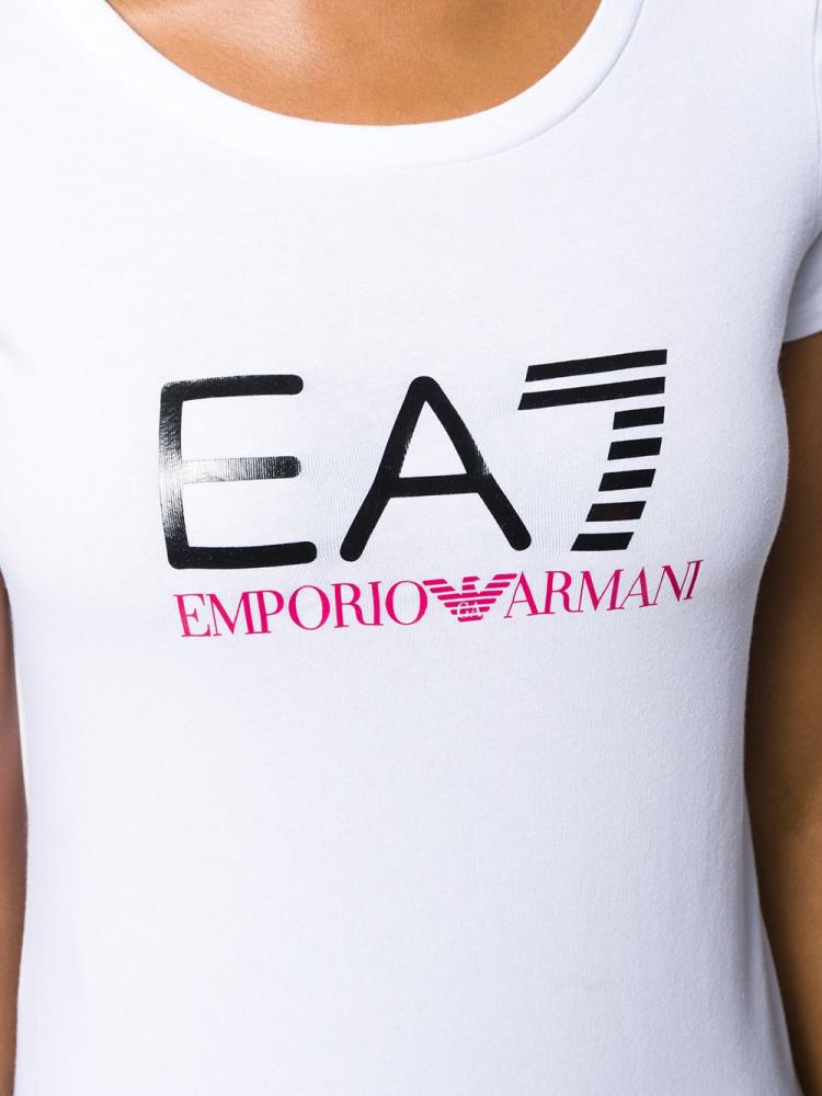 White Women's Ea7 Emporio Armani Fitted Logo Print T Shirts | JL8MPDS