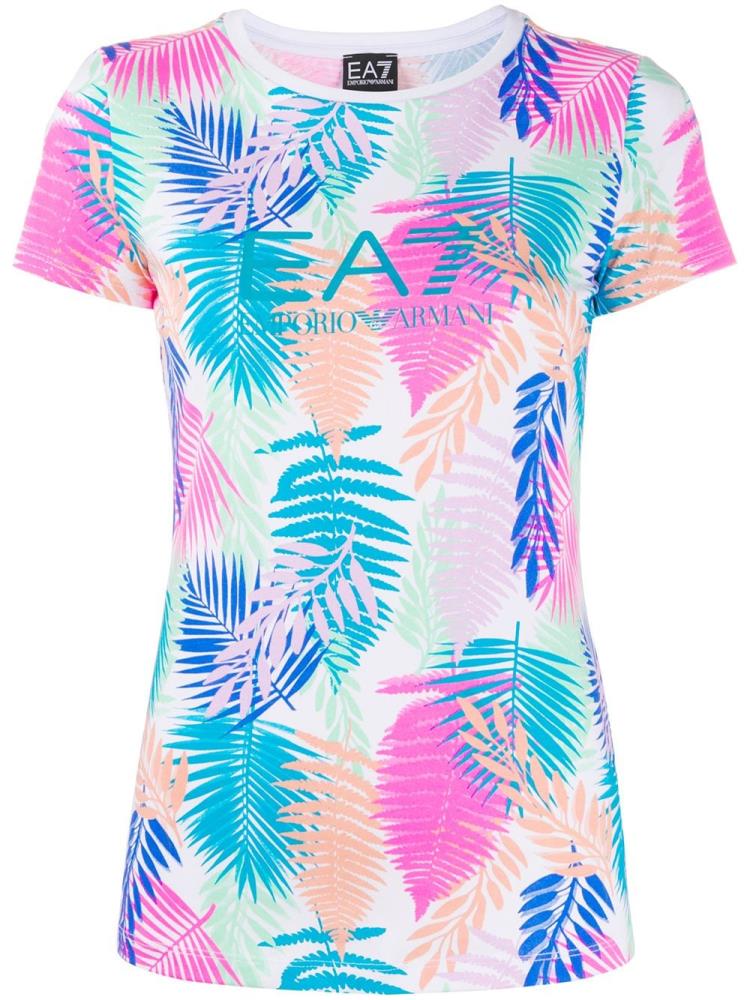 White Women\'s Ea7 Emporio Armani Short Sleeve Palm Print T Shirts | L836I54