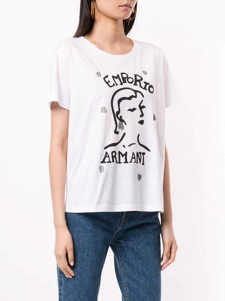 White Women's Armani Emporio Face Print Boxy T Shirts | YUWA2CJ