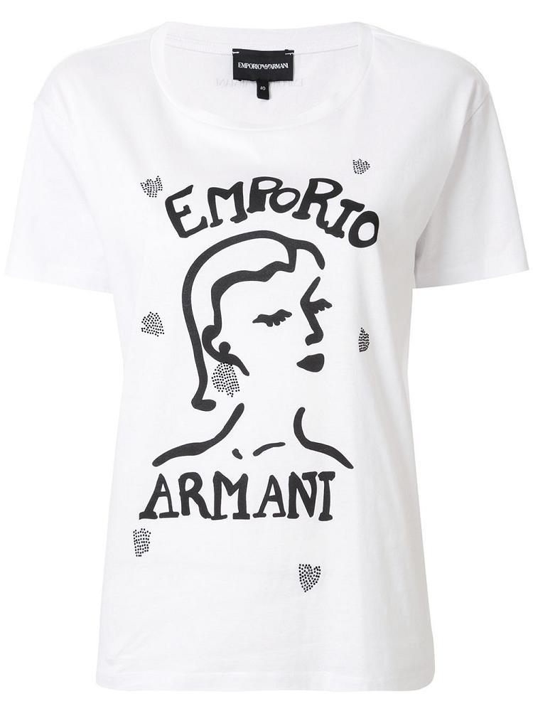 White Women\'s Armani Emporio Face Print Boxy T Shirts | YUWA2CJ