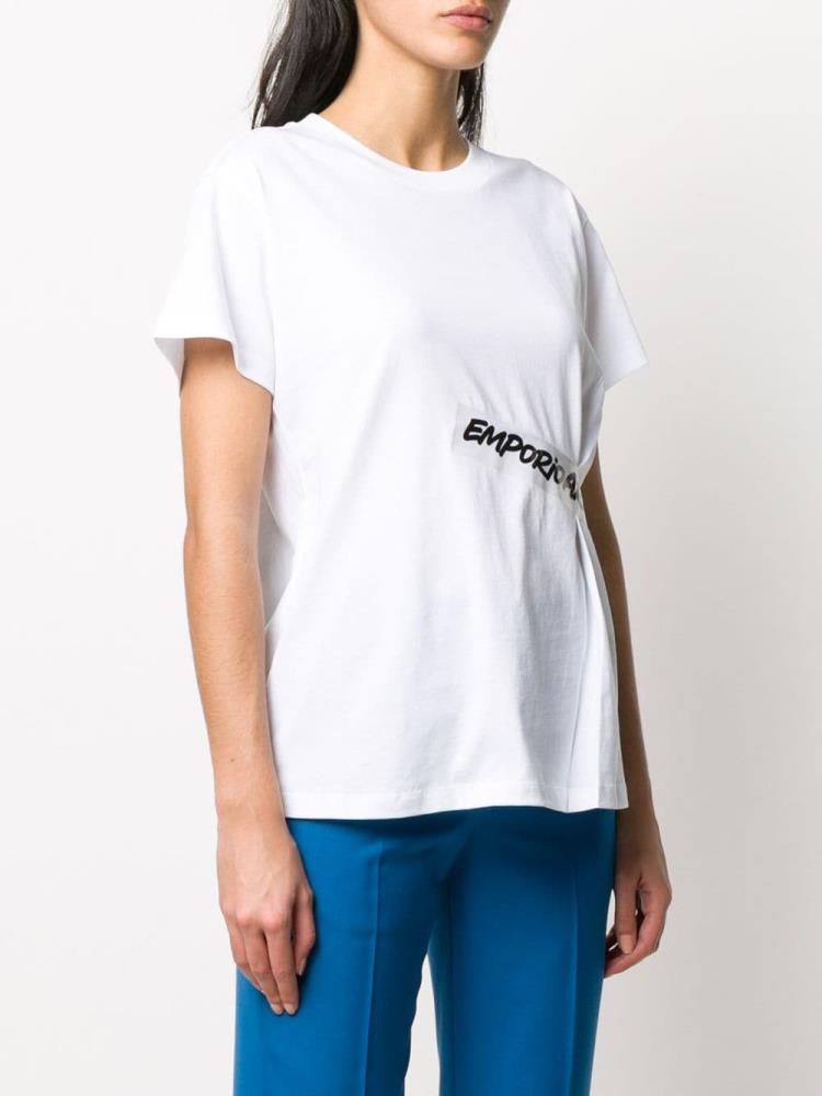 White Women's Armani Emporio Logo Tape Short Sleeve T Shirts | GBPHFE7