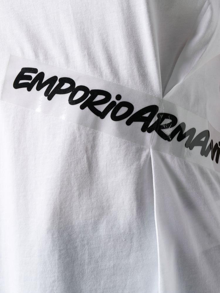 White Women's Armani Emporio Logo Tape Short Sleeve T Shirts | GBPHFE7