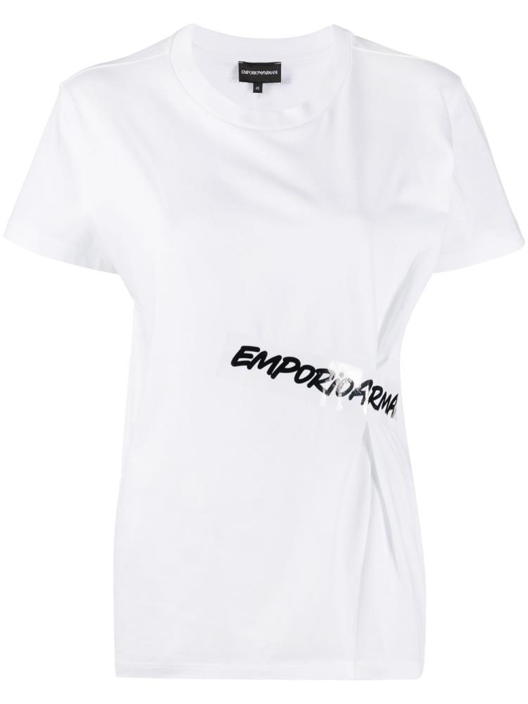 White Women\'s Armani Emporio Logo Tape Short Sleeve T Shirts | GBPHFE7