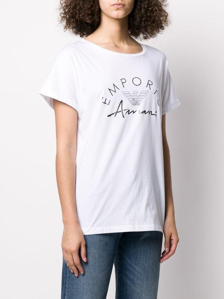 White Women's Armani Emporio Logo Print Crew Neck T Shirts | UOEV8DI