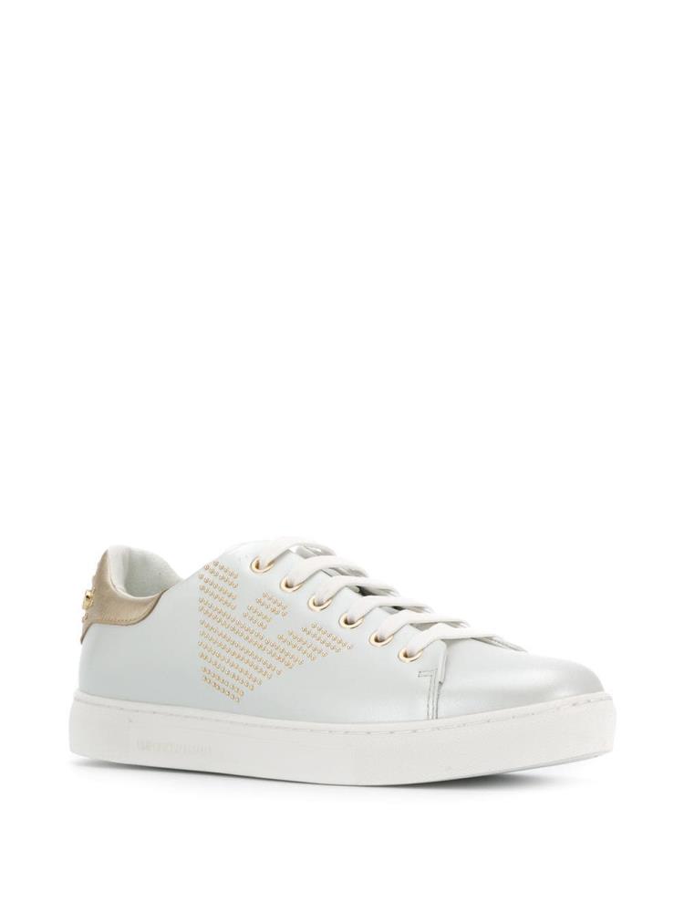 White Women's Armani Emporio Studded Logo Sneakers | 3SCFPDJ