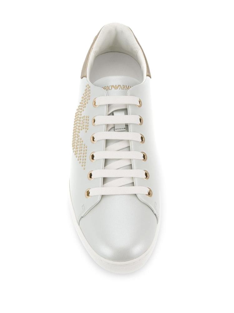 White Women's Armani Emporio Studded Logo Sneakers | 3SCFPDJ